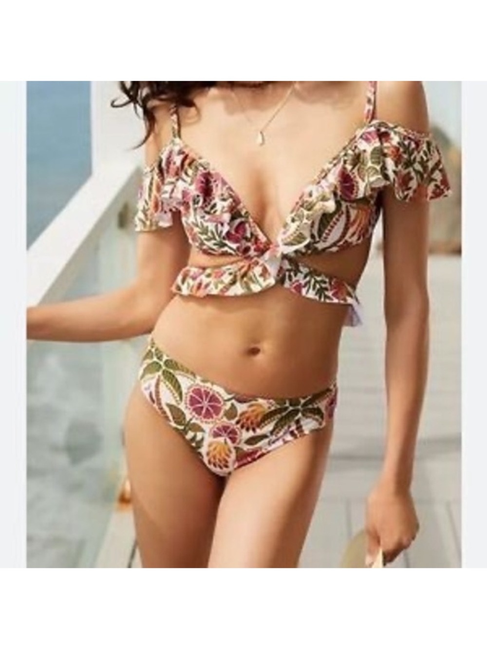 FARM Rio, Paris, Floral Ruffle Twist Bikini - Pink, Green & Orange